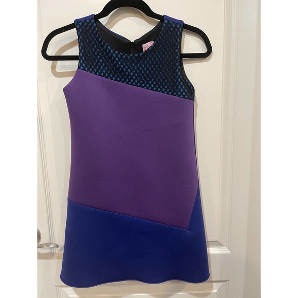 Zoe LTD Girls Size 12 Color Block A-Line Dress Scuba Knit Purple Blue Party WOW! - Picture 3 of 6